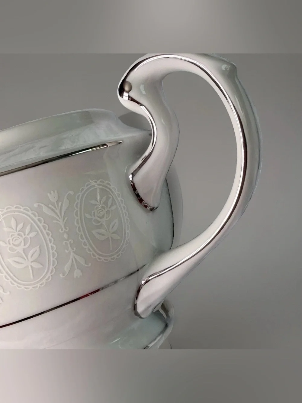 Vintage Creamer Sone China Japan Moderne 2467 Platinum Trim White Floral Scroll